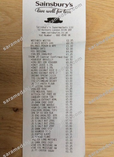 Sainsbury's supermarket payment receipt